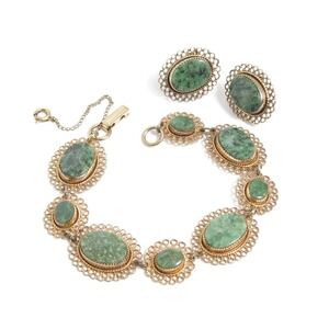 Vintage BEAU STERLING Signed Gold Vermeil Filigree Jade Cab Bracelet & Earrings